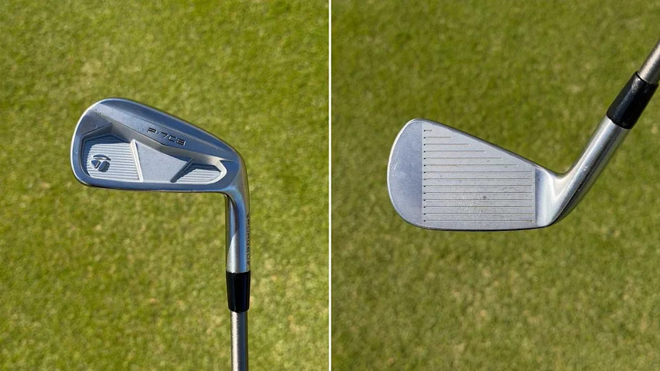 Side-by-side images of a TaylorMade P7CB golf iron: the left shows the club’s back with branding, and the right reveals its grooved face—both resting on green grass. These golf clubs are trusted by pros like Nelly Korda at the U.S. Women’s Open.