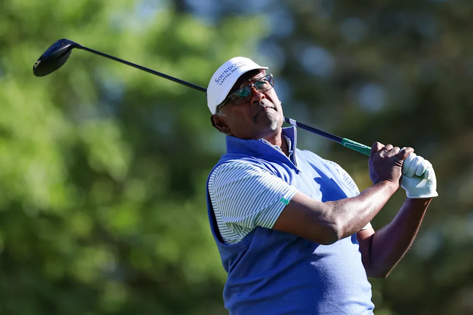 Apr 9, 2026; Augusta, Georgia, USA; Vijay Singh plays his shot from the fifth tee during the first round of the Masters Tournament at Augusta National Golf Club. Mandatory Credit: Bill Streicher-Imagn Images