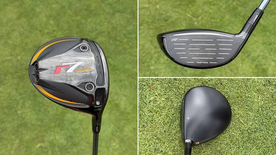 A collage of three images shows a TaylorMade r7 Quad golf driver, famously featured in many WITB setups: the clubhead’s sole with branding and adjustable weights, the clubface with grooves, and a top view resting on green grass.