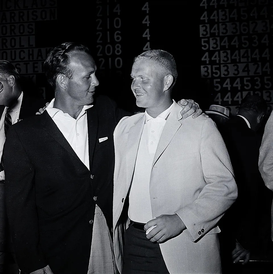 Arnold Palmer, left, winner of the U.S. Open Championship, congratulates Jack Nicklaus, the U.S. Amateur champion who placed second, at Cherry Hills Country Club in Denver, Co., on June 18, 1960. Palmer won with 280 to Nicklaus's 282.