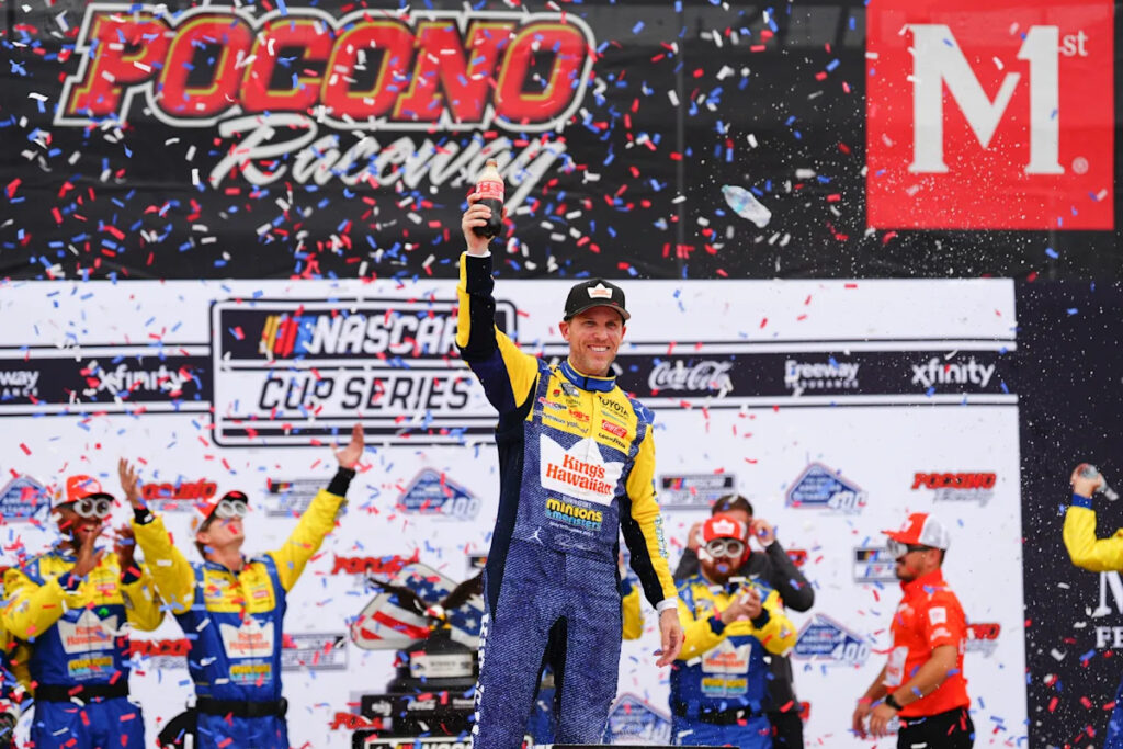 Denny Hamlin wins the NASCAR Cup race at Pocono for his third straight victory Denny Hamlin wins the NASCAR Cup race at Pocono for his third straight victory