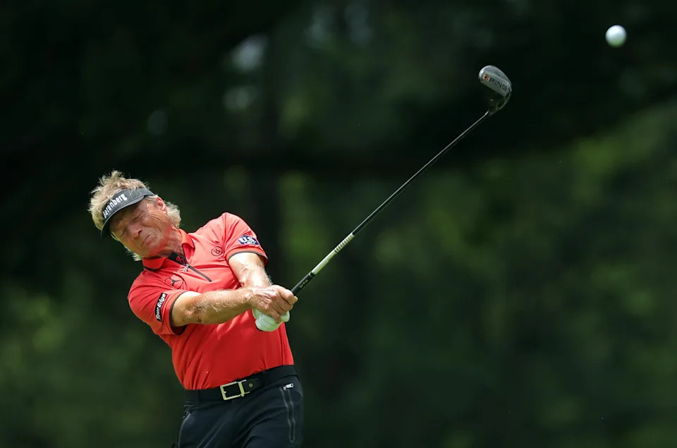 Bernhard Langer of Germany sends his ball down the No. 3 fairway during the first round of the 2025 Kaulig Companies Championship at Firestone Country Club, Thursday, June 19, 2025, in Akron, Ohio.