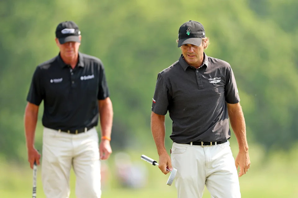 Steve Stricker, left, and brother-in-law Mario Tiziani combined for a 15-under par in the second round of the American Family Insurance Championship on June 7.