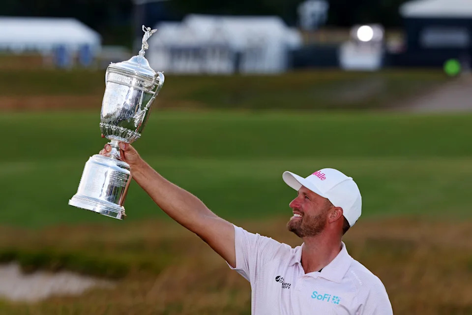 Wyndham Clark celebrates after winning the 2026 U.S. Open at Shinnecock Hills Golf Club.