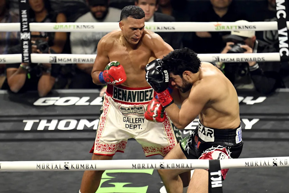 LAS VEGAS, NV - MAY 02: David 'El Monstro' Benavidez (in red & white short) defeated Gilberto 'Zurdo' Ramirez (in green & black short) by sixth-round TKO during their WBA & WBO cruiserweight world championship of the Premiere Boxing Championship on Saturday night's main event at the MGM Grand Garden Arena in Las Vegas, Nevada, United States on May 2, 2026. (Photo by Tayfun Coskun/Anadolu via Getty Images)