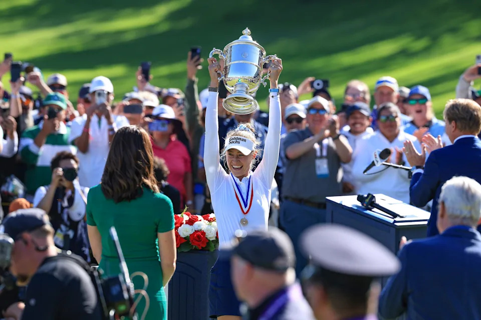 Nelly Korda celebrates with The Harton S. Semple Trophy after winning the 2026 U.S. Women's Open at Riviera Country Club.