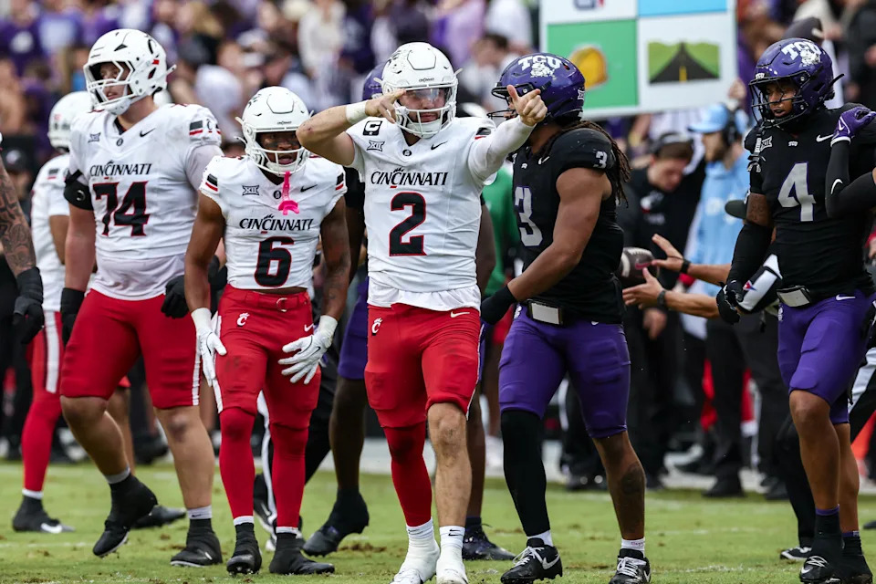 FORT WORTH, TX - NOVEMBER 29: Cincinnati Bearcats quarterback Brendan Sorsby (#2) celebrates after picking up a first down during the college football game between the TCU Horned Frogs and Cincinnati Bearcats on November 29, 2025 at Amon G. Carter Stadium in Fort Worth, TX.  (Photo by Matthew Visinsky/Icon Sportswire via Getty Images)