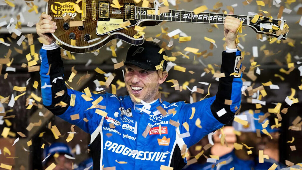 Denny Hamlin storms back from a pole-start penalty to win at Nashville Superspeedway Denny Hamlin storms back from a pole-start penalty to win at Nashville Superspeedway