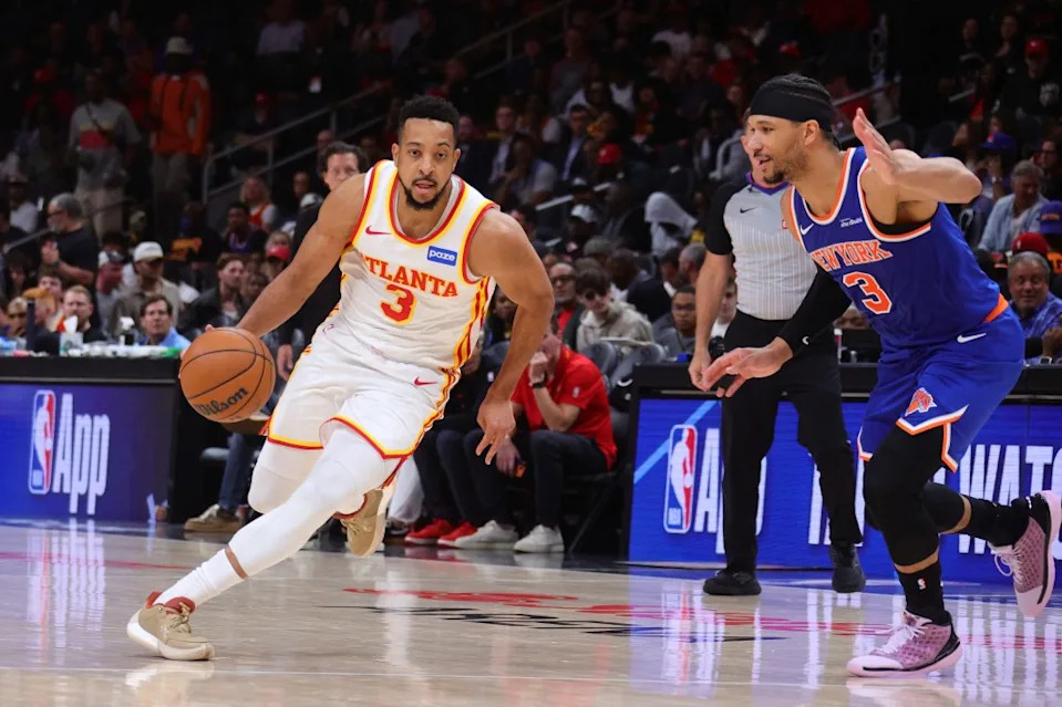 CJ McCollum drives against Knicks swingman <a class="link " href="https://sports.yahoo.com/nba/players/5843/" data-i13n="sec:content-canvas;subsec:anchor_text;elm:context_link" data-ylk="slk:Josh Hart;sec:content-canvas;subsec:anchor_text;elm:context_link;itc:0" data-yga="{"yLinkElement":"context_link","yModuleName":"content-canvas","yLinkText":"Josh Hart","ySubModuleName":"anchor_text","yHasCommerce":false}">Josh Hart</a> during the 2026 NBA Playoffs. NBAE via Getty Images
