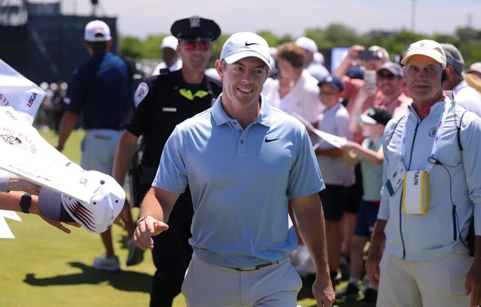 Rory McIlroy acknowledges the fans during his U.S. Open practice round on June 16, 2026. Getty Images
