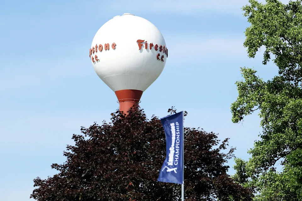 The water tower at Firestone Country Club in Akron, Ohio, host of the 2025 Kaulig Companies Championship.