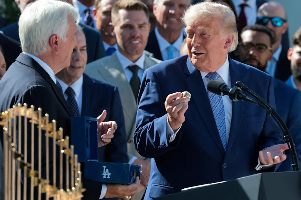 Dodgers present President Trump with World Series ring during return to White House Dodgers present President Trump with World Series ring during return to White House