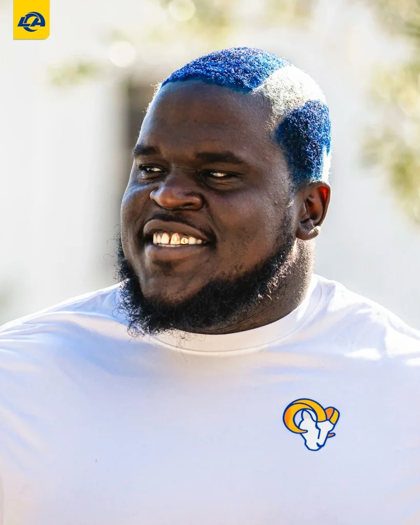 Kevin Dotson arrived at Rams camp with horn-inspired hair as the standout guard enters 2026 with growing Pro Bowl expectations. Instagram/kevinisbound