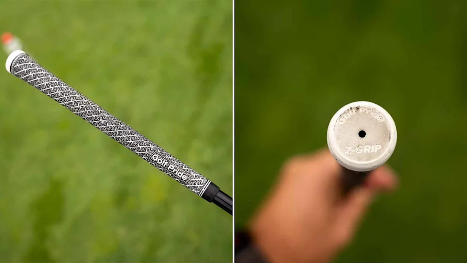Close-up of a black and white patterned Golf Pride Z-GRIP on a golf club, featured in a WITB setup—shown from the side on the left and from the top with branding visible on the right, set against a blurred green background.