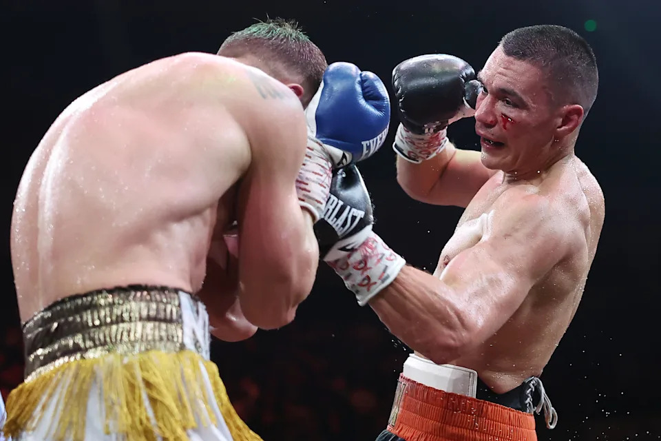 WOLLONGONG, AUSTRALIA - APRIL 05: Tim Tszyu punches Denis Nurja during the WBO International Super Middleweight Title bout between Tim Tszyu and Denis Nurja at WIN Entertainment Centre on April 05, 2026 in Wollongong, Australia. (Photo by Jeremy Ng/Getty Images)
