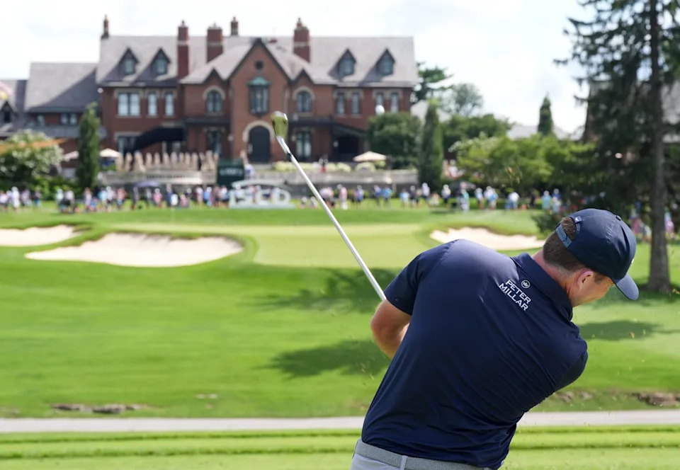 Steven Fisk drives the ball off the 9th tee for the final round of the ISCO Golf Championship at Hurstbourne Country Club. July 12, 2026. USA TODAY Network via Reuters Connect.