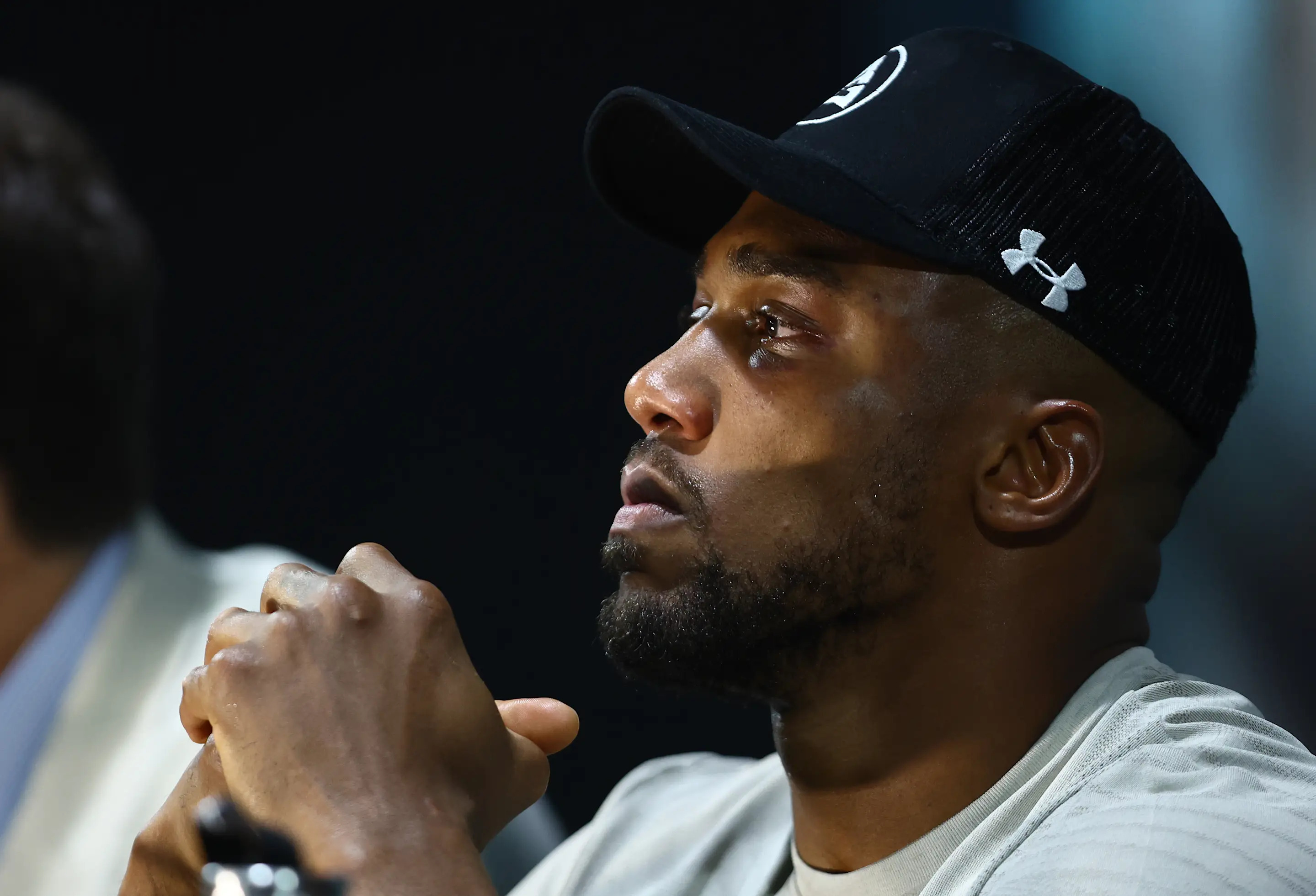 JEDDAH, SAUDI ARABIA - AUGUST 20: Anthony Joshua reacts during a press conference after the Rage on the Red Sea Heavyweight Title Fight at King Abdullah Sports City Arena on August 20, 2022 in Jeddah, Saudi Arabia. (Photo by Francois Nel/Getty Images)