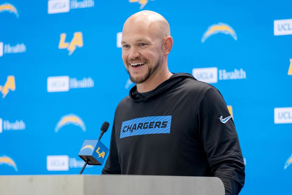 Chargers defensive coordintor Chris O'Leary speaks at a news conference on June 17.