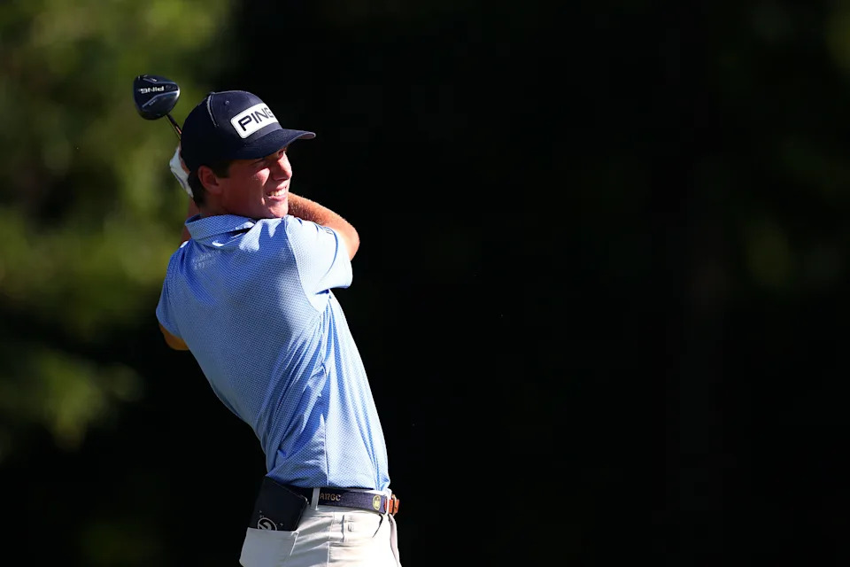 Amateur Mason Howell of the United States plays his shot from the 13th tee during the first round of the John Deere Classic 2026 at TPC Deere Run on July 02, 2026 in Silvis, Illinois.