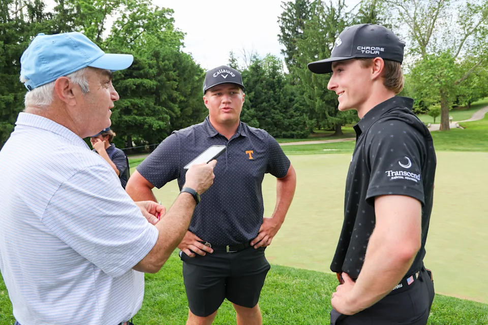 Jackson Herrington and Blades Brown are interviewed by USGA senior writer David Shefter after the finals at the 2024 U.S. Amateur Four-Ball at Philadelphia Cricket Club in Philadelphia, Pa. on Wednesday, May 29, 2024. 