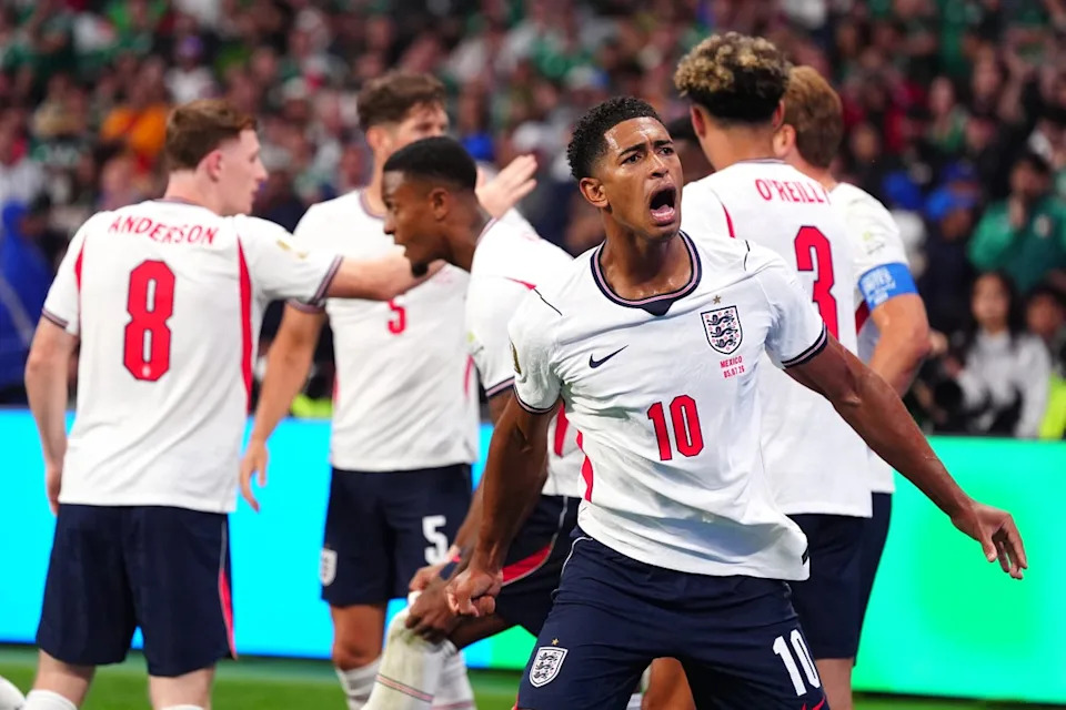 England's Jude Bellingham celebrates their side's third of the game (PA)