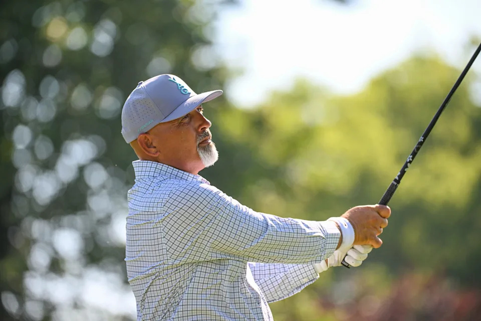 Hank Kuehne plays his tee shot on the eighth hole during the second round of the 2026 U.S. Senior Open at Scioto Country Club in Columbus, Ohio.
