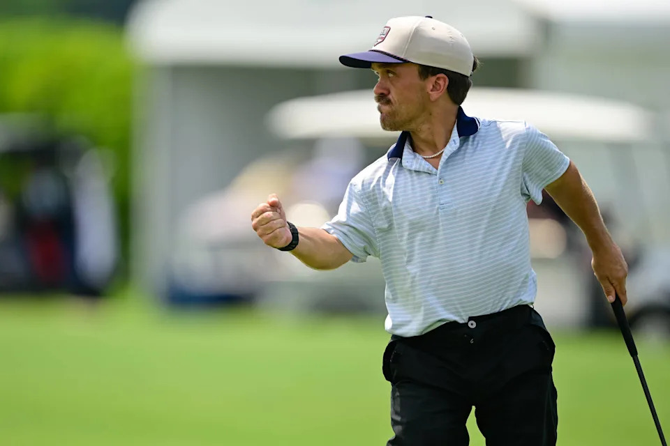 Albert Bowker reacts after sinking his putt on the ninth hole during the first round of the 2026 U.S. Adaptive Open at Woodmont Country Club (South Course) in Rockville, Md. on Monday, July 6, 2026. (Logan Whitton/USGA)