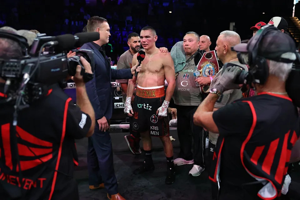 Tim Tszyu is interviewed after beating Denis Nurja in April (Getty)
