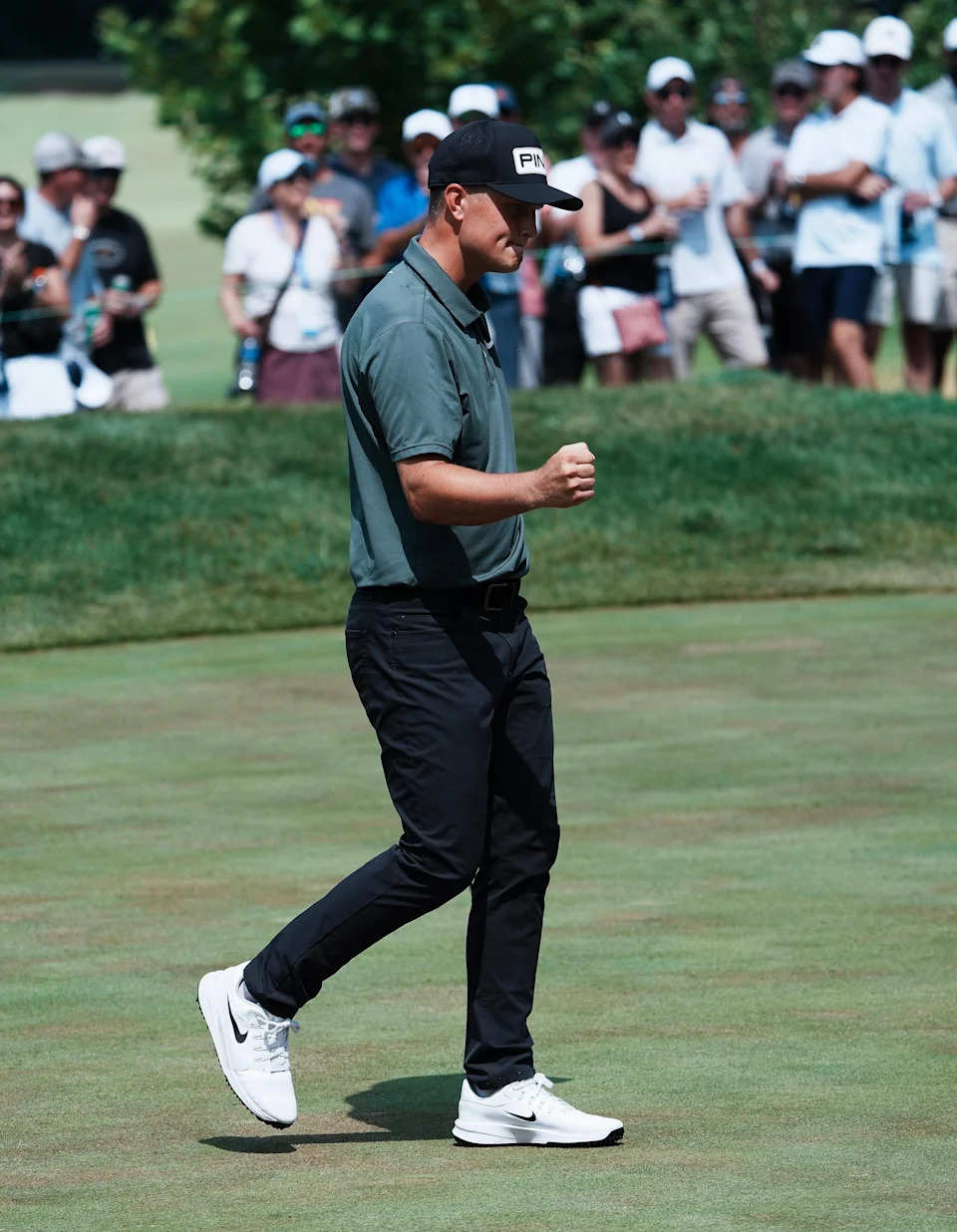 William Mouw reacted after making a birdie on the 17th hole during the fourth round of the ISCO Championship at the Hurstbourne Country Club in Louisville, Ky., on July 13, 2025. USA TODAY Network via Reuters Connect.