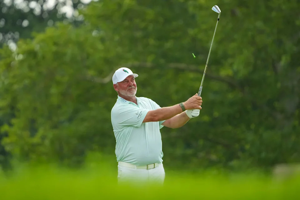 Darren Clarke tees off on nine during the first round of the U.S. Senior Open at Scioto Country Club in Columbus on July 2, 2026.