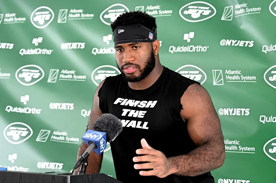 Jets defensive end Bryce Huff speaks with the media after practice at training camp in Florham Park, NJ. Bill Kostroun/New York Post