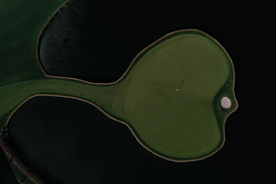 PONTE VEDRA BEACH, FLORIDA - MARCH 05: A view of the 17th green from the drone prior to THE PLAYERS Championship at Stadium Course at TPC Sawgrass on March 5, 2023 in Ponte Vedra Beach, Florida. (Photo by Ben Jared/PGA TOUR)