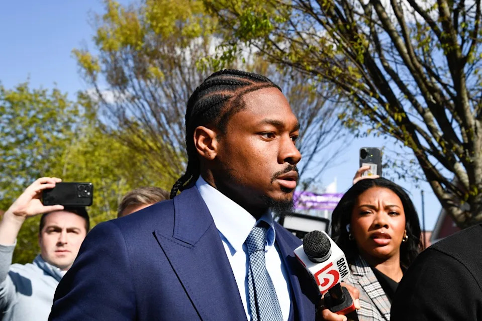 Stefon Diggs walks out of Dedham District Court on May 4, 2026, following the first day of his assault trial. Icon Sportswire via Getty Images