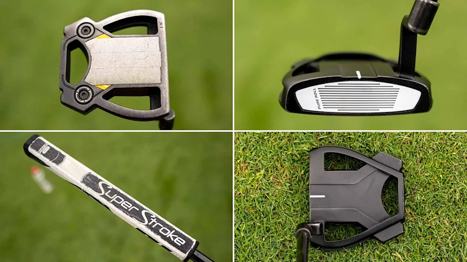 A collage of four close-up views of a golf putter on grass, perfect for WITB enthusiasts, showing the head from above, the face, the Super Stroke grip, and a top view highlighting its black and silver design.