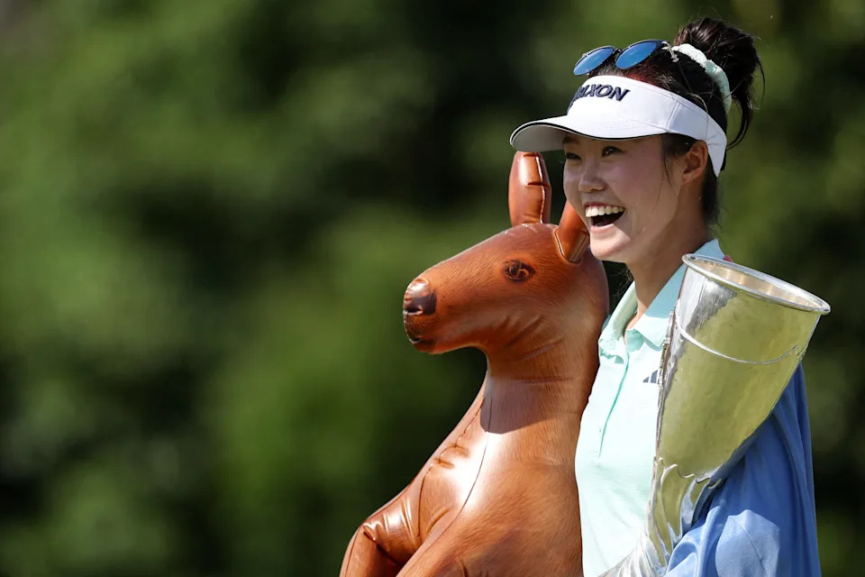 Australia's Grace Kim celebrates after victory on the first playoff hole after the final round of the Amundi Evian Championship at Evian Resort Golf Club, in Evian-Les-Bains, eastern France on July 13, 2025.