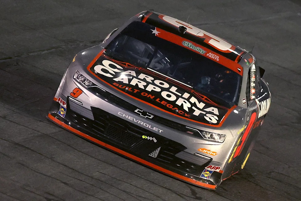 CONCORD, NORTH CAROLINA - MAY 23: Ross Chastain, driver of the #9 Carolina Carports Chevrolet, drives during the NASCAR O'Reilly Auto Parts Series Charbroil 300 at Charlotte Motor Speedway on May 23, 2026 in Concord, North Carolina. (Photo by David Jensen/Getty Images)