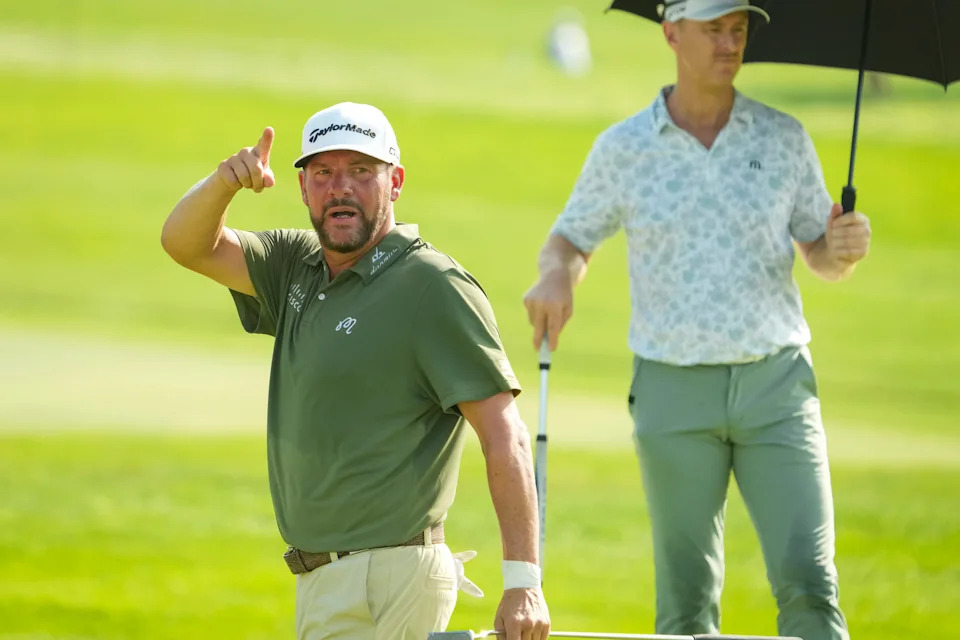 Michael Block reacts after putting on 18 during the first round of the U.S. Senior Open at Scioto Country Club in Columbus on July 2, 2026.