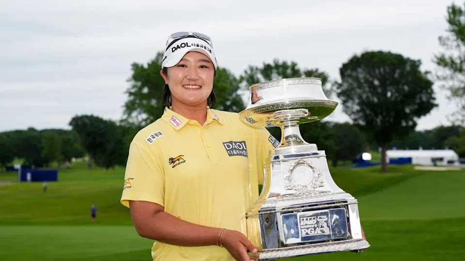 Haeran Ryu poses for a photo with the 2026 KPMG Women’s Championship trophy after the final round of the KPMG Women's PGA Championship at Hazeltine National Golf Club on Sunday, June 28, 2026 in Chaska, Minnesota. Photo by Darren Carroll&sol;PGA of America