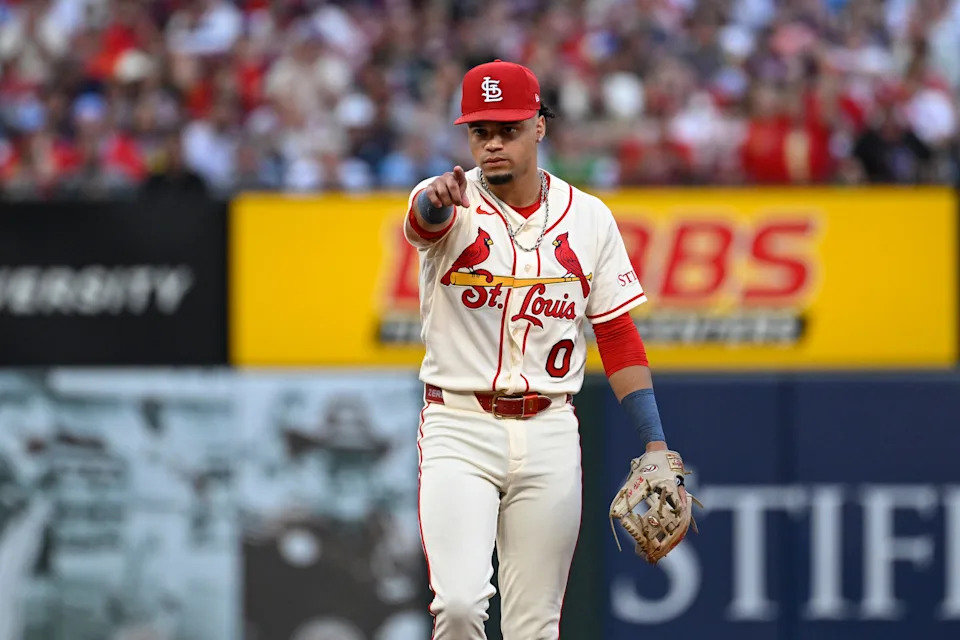 Jul 11, 2026; St. Louis, Missouri, USA; St. Louis Cardinals shortstop Masyn Winn (0) reacts after turning a double play against the Atlanta Braves in the sixth inning at Busch Stadium. Mandatory Credit: Joe Puetz-Imagn Images