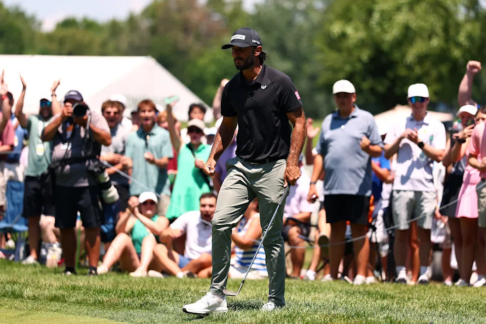 Max Homa of the United States celebrates after holing out on the ninth green during the final round of the John Deere Classic 2026 at TPC Deere Run on July 05, 2026 in Silvis, Illinois.