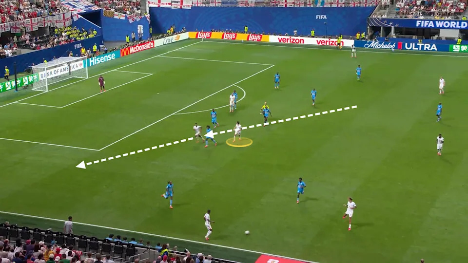 Screen grab from England v DR Congo illustrating Jude Bellingham's diagonal run behind the opposition right-back