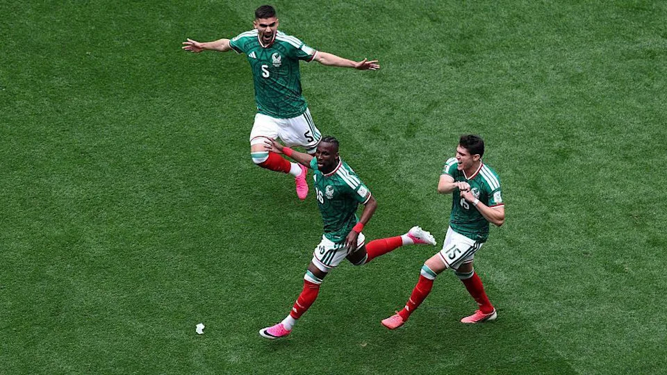 Mexico players celebrate scoring the first goal of the 2026 FIFA World Cup at the Estadio Azteca in Mexico City