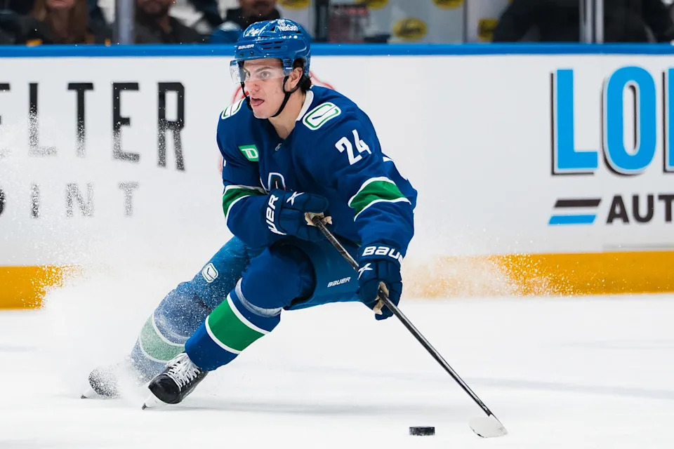 Apr 14, 2026; Vancouver, British Columbia, CAN; Vancouver Canucks defenseman Zeev Buium (24) handles the puck against the Los Angeles Kings in the second period at Rogers Arena. Mandatory Credit: Bob Frid-Imagn Images