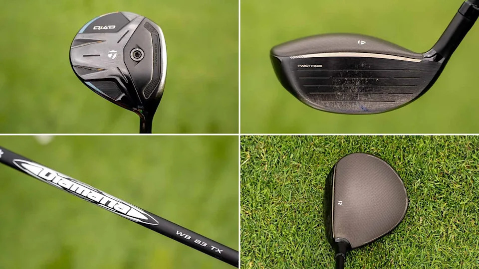 A collage of four close-up photos shows a golf club head from various angles and its shaft, featuring branding and design details, set against blurred green grass—a perfect WITB visual for golf enthusiasts.