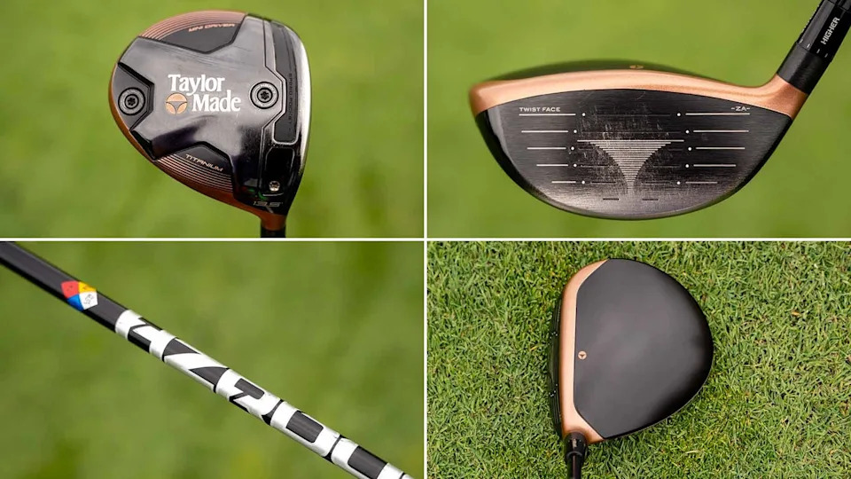 A collage of four close-up shots showing different angles of a TaylorMade golf driver commonly seen in WITB features, including the clubhead, clubface, shaft, and top view against a green grass background.