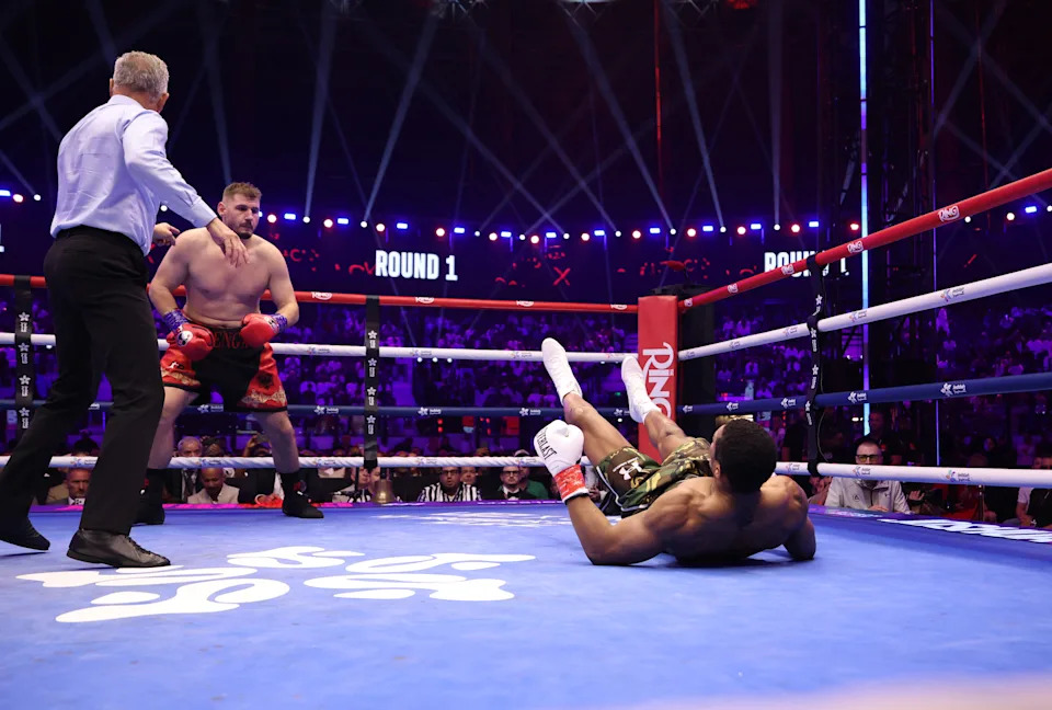 JEDDAH, SAUDI ARABIA - JULY 25: Anthony Joshua (camouflage shorts) and Kristian Prenga (red and black shorts) during their Heavyweight contest during the Anthony Joshua v Kristian Prenga: The Comeback fight night at Jeddah Superdome on July 25, 2026 in Jeddah, Saudi Arabia. (Photo by Mark Robinson/Matchroom Boxing/Getty Images)