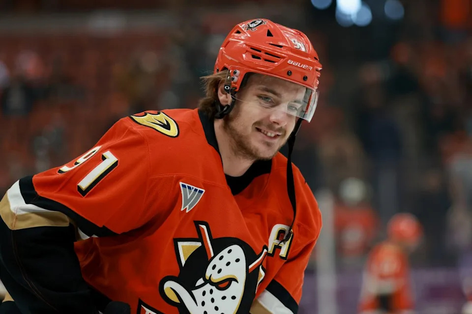 Leo Carlsson of the <a class="link " href="https://sports.yahoo.com/nhl/teams/anaheim/" data-i13n="sec:content-canvas;subsec:anchor_text;elm:context_link" data-ylk="slk:Anaheim Ducks;sec:content-canvas;subsec:anchor_text;elm:context_link;itc:0" data-yga="{"yLinkElement":"context_link","yModuleName":"content-canvas","yLinkText":"Anaheim Ducks","ySubModuleName":"anchor_text","yHasCommerce":false}">Anaheim Ducks</a> smiles during warmups before Game Three of the Second Round of the 2026 Stanley Cup Playoffs against the <a class="link " href="https://sports.yahoo.com/nhl/teams/vegas/" data-i13n="sec:content-canvas;subsec:anchor_text;elm:context_link" data-ylk="slk:Vegas Golden Knights;sec:content-canvas;subsec:anchor_text;elm:context_link;itc:0" data-yga="{"yLinkElement":"context_link","yModuleName":"content-canvas","yLinkText":"Vegas Golden Knights","ySubModuleName":"anchor_text","yHasCommerce":false}">Vegas Golden Knights</a> at Honda Center on May 8, 2026 in Anaheim, California. NHLI via Getty Images