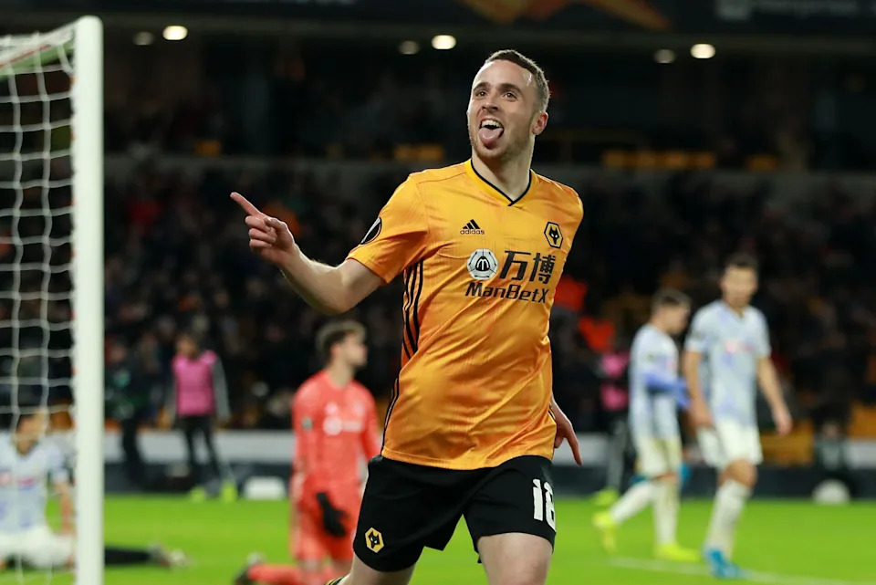 Diogo Jota celebrates scoring for Wolves