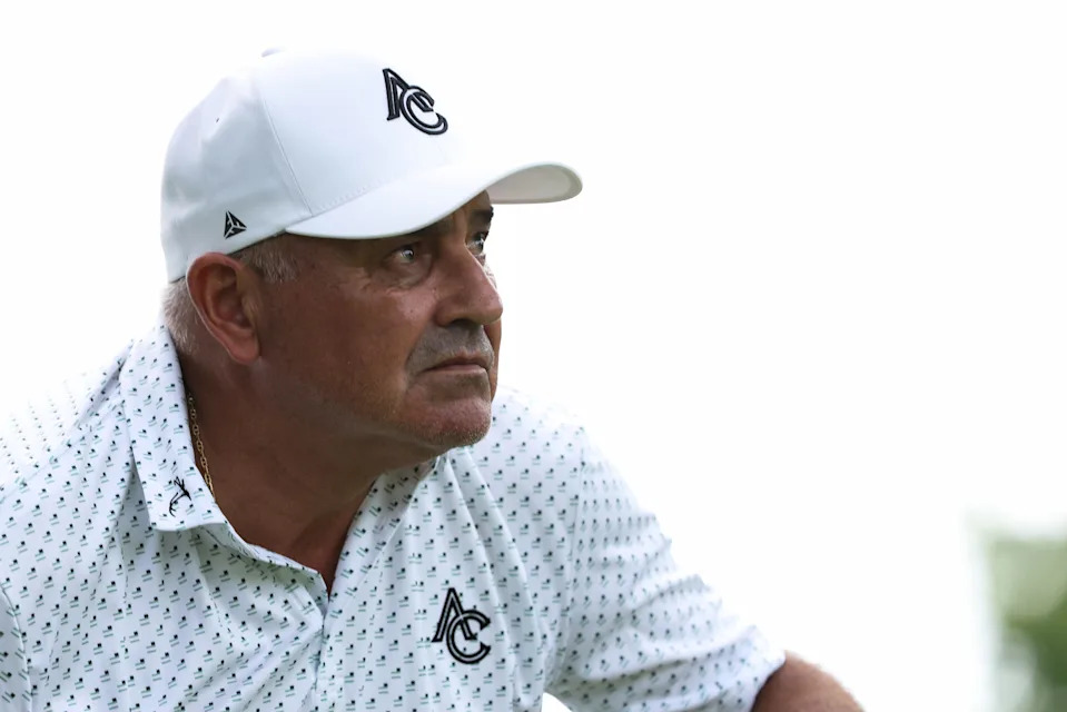 Angel Cabrera looks on after hitting his tee on the 15th hole during the first round of the the 2026 Dick's Open at En-Joie Golf Club.