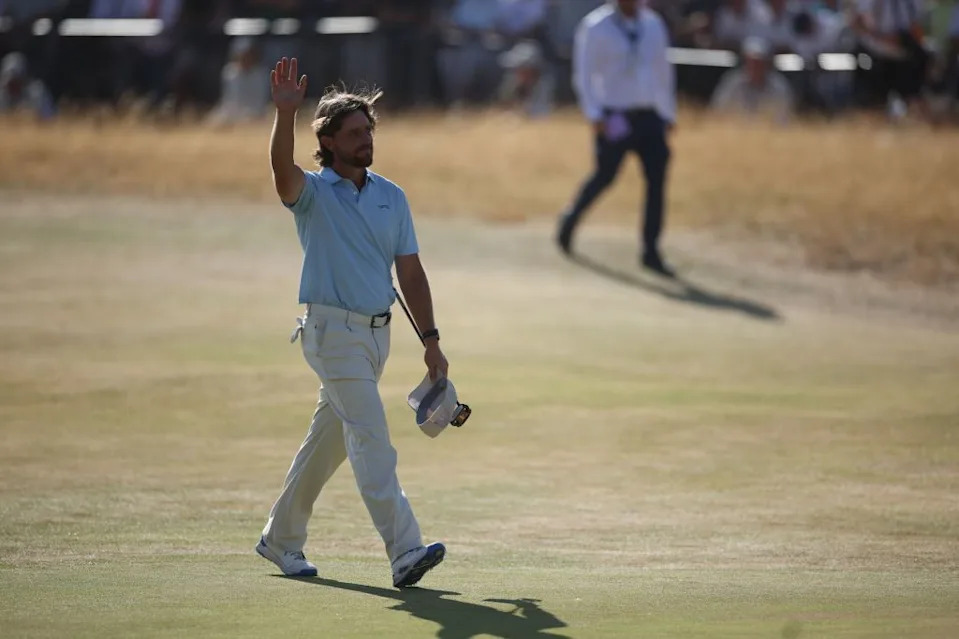 Tommy Fleetwood of England waves to the crowd on the 18th hole during the final round at the British Open Golf Championships at Royal Birkdale.<br> ADAM VAUGHAN/EPA/Shutterstock
